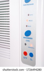  Ozone Machine Generator To Cleaning And Disinfection During Covid 19 Epidemic. Close Up In Spanish. Vertical.