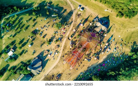 Ozora: A Hungarian Goa Psy Trance Summer Festival's Main Stage With Colorful Design By An Aerial Upsidedown Shot