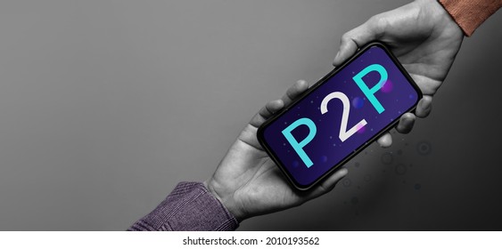P2P and Fintech Technology. Innovation of Financial Investment. Concept for Peer to Peer Online Digital Exchange. two Business People Connecting via Mobile Phone
