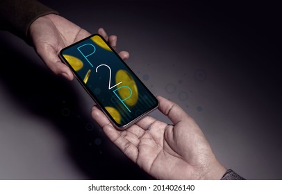 P2P and Fintech Technology. Innovation of Financial Investment. Concept for Peer to Peer Online Digital Exchange. two Business People Connecting via Mobile Phone - Shutterstock ID 2014026140