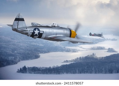 A P-47 Thunderbolt chases a Focke-Wulf 190 (models) over a winter landscape