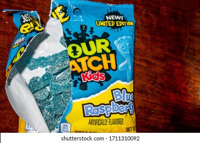 PA / USA - March 19, 2020: Open Bag Of Blue Sour Patch Kids 