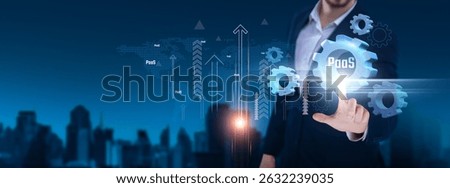 PaaS (Platform as a Service): application deployment, development tools, integration, data management, collaboration, efficiency. Businessman hand holds PaaS icon and network on digital interface.