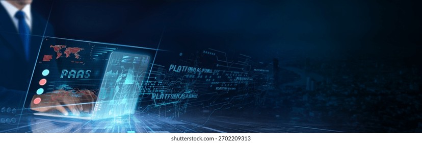 PaaS (Platform as a Service): Cloud computing, scalability, application development, integration, automation, deployment. Businessman data analysis for performance PaaS network.