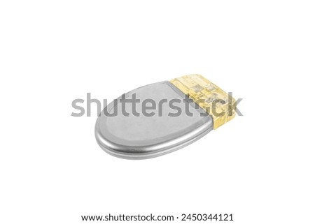 Pacemaker isolated on a white background. Heart battery. Close-up of cardiac pacemaker on electrocardiography. High angle view of an CRT-P device and and an ICD device.