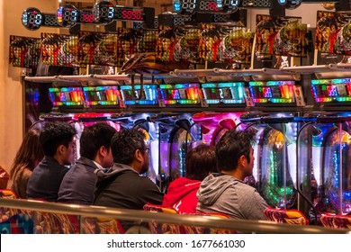 PACHINKO, TOKYO, JAPAN,-2nd NOVEMBER 2019, Pachenko A Game Of Chance Played With Ball Bearings  In Smoky Parlours In Japan.