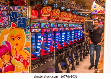 PACHINKO, TOKYO, JAPAN,-2nd NOVEMBER 2019, Pachenko A Game Of Chance Played With Ball Bearings  In Smoky Parlours In Japan.