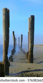 Pacific Beach, WA Pylons On Beach With Morning Mist 