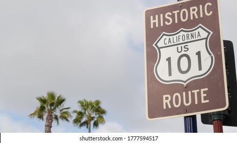 Pacific Coast Highway, Historic Route 101 Road Sign, Tourist Destination In California USA. Lettering On Intersection Signpost. Symbol Of Summertime Travel Along The Ocean. All-American Scenic Hwy.