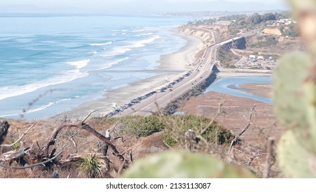 Pacific Coast Highway, Torrey Pines State Beach, Road 1 Or Freeway 101. Ocean Sea Waves From Above View. Overlook, Scenic Vista Point Or Viewpoint, Guy Fleming Tourist Trail. San Diego, California USA