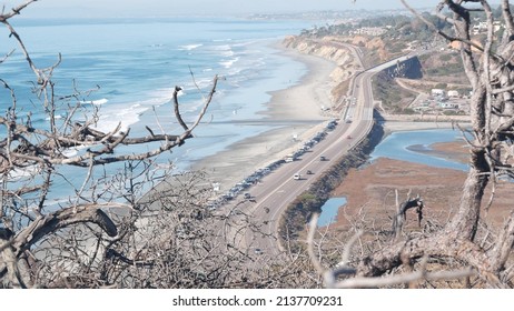 Pacific Coast Highway, Torrey Pines State Beach, Road 1 Or Freeway 101. Ocean Sea Waves From Above View. Overlook, Scenic Vista Point Or Viewpoint, Guy Fleming Tourist Trail. San Diego, California USA