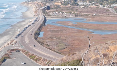 Pacific Coast Highway, Torrey Pines State Beach, Road 1 Or Freeway 101. Ocean Sea Waves From Above View. Overlook, Scenic Vista Point Or Viewpoint, Guy Fleming Tourist Trail. San Diego, California USA