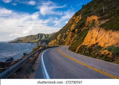 Pacific Coast Highway and view of the Pacific Ocean, in Big Sur, California.