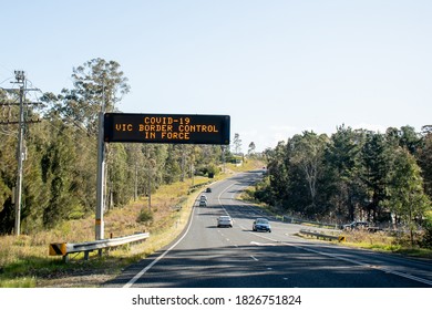 Pacific Highway, Australia - 2020-09-27 Digital Road Sign On Pacivif Highway Covid-19 Victorian Border Contol In Force.