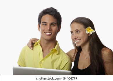 Pacific Island Couple Couple With A Laptop Computer