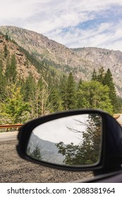 Pacific Northwest, Washington State Mountain Pass, With Sky, Mountains, Road And Rearview Mirror On Car, Road Trip, Summer