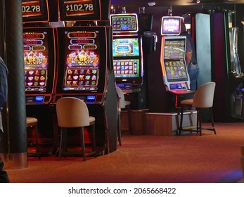 PACIFIC  OCEAN, ALASKA - SEP 24, 2021 - Slot machines in a casino on on Alaska cruise ship