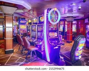 PACIFIC OCEAN - APR 27, 2022 - Slot Machines In A Cruise Ship Casino On