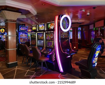 PACIFIC OCEAN - APR 27, 2022 - Slot Machines In A Cruise Ship Casino On