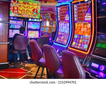 PACIFIC OCEAN - APR 27, 2022 - Slot Machines In A Cruise Ship Casino On