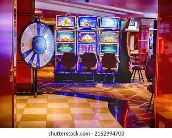 PACIFIC OCEAN - APR 27, 2022 - Slot Machines In A Cruise Ship Casino On