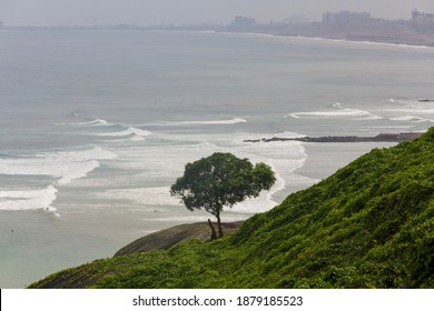 The Pacific Ocean Coastline Of Miraflores, Lima, Peru, Seen From High Above The Cliffs, Is A Popular Tourist Attraction And Desitination For Surfing And Paragliding.