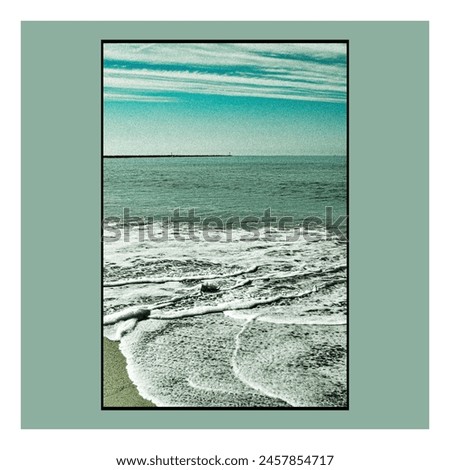 Similar – polaroid shows rear view of a woman in a stiff dress standing by the sea. north sea