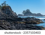 Pacific Ocean view along Wild Pacific Trail or Lighthouse Loop, Ucluelet, Pacific Rim national park, Canada.