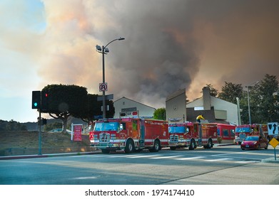 Pacific Palisades, California, USA - 05.15.2021: Pacific Palisades Fire Fighters Trucks