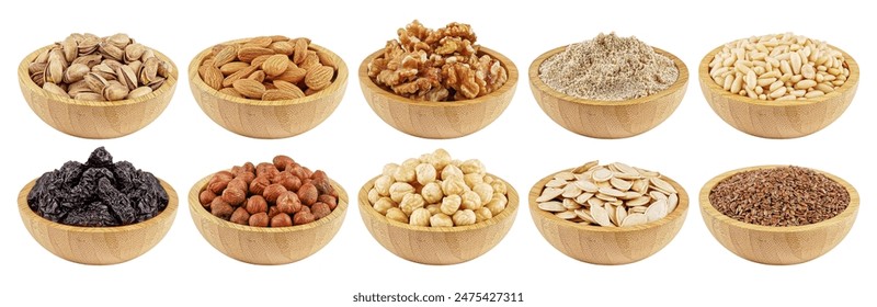 Pack of assorted seeds and nuts in wooden bowls containing pistachios, almonds, walnuts, ground flax seeds, pine nuts, prunes, hazelnuts, macadamia nuts, pumpkin seeds and flax seeds. - Powered by Shutterstock