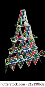 Pack Of Cards Stacked Into A Card House With The South African Flag Pattern On Them