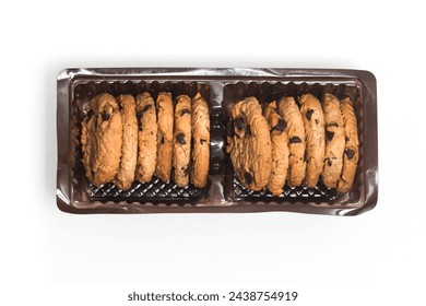 Pack of chocolate chip cookies in packaging tray top view isolated on white background clipping path