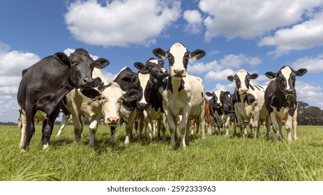 Pack cows curious looking at the camera, in a row side by side, wide view, black white herd in a green field