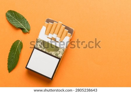 Pack of menthol cigarettes and fresh mint on colored table, Menthol cigarettes top view flat lay.