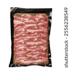 Pack of sliced bacon isolated on white, top view