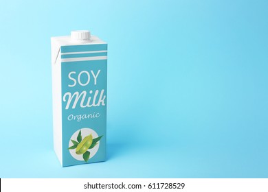 Pack Of Soy Milk On Blue Background