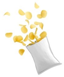 Pack Of Splashing Potato Chips Isolated On White         