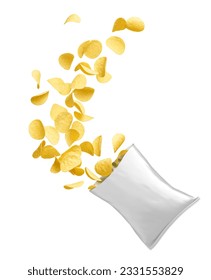 Pack of splashing potato chips isolated on white         