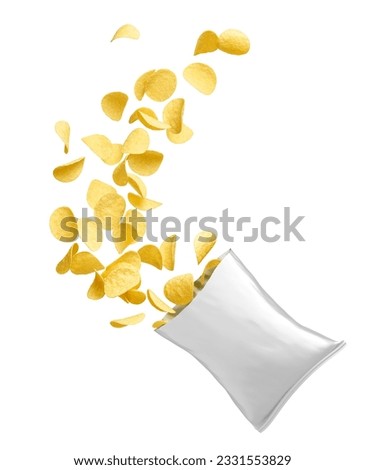 Pack of splashing potato chips isolated on white         