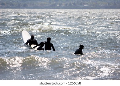 Pack of surfers