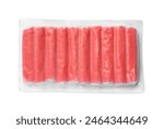 Pack of tasty crab sticks isolated on white, top view