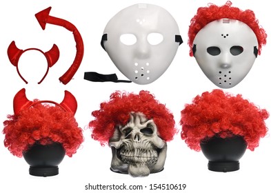 Pack of Various Halloween Costumes. Devil Girl, Jason Hockey Mask, Red Clown Wig and Ghost Mask on Isolated White Background - Powered by Shutterstock