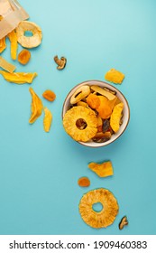 Package With Assorted Vegan Jerky, Bowl On Blue Background, Top View