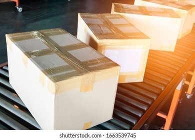 package boxes sorting on conveyor belt, export shipment goods, warehouse industry delivery service, logistics and transport. 