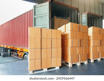 Package Boxes Stack on Pallets Loading into Container Truck. Distribution Warehouse. Container Shipping, Supply Chain. Supplies Shipment. Freight Truck Logistics Transport. - Powered by Shutterstock