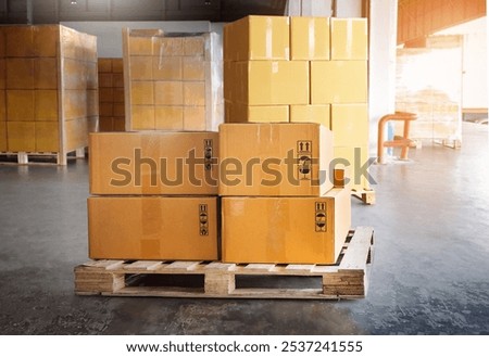 Package Boxes Stack on Pallets. Cartons, Cardboard Boxes, Business e- commerce. Delivery Parcels Boxes. Supplies Shipment. Warehouse Shipping Logistics.