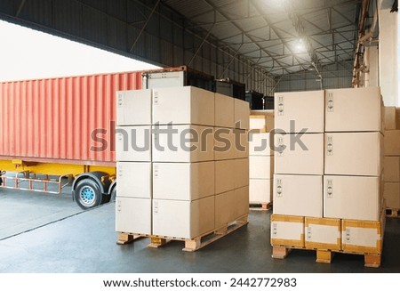 Package Boxes Stacked on Pallets. Trucks Loading at Warehouse Dock. Cargo Container, Distribution Warehouse Shipping, Supply Chain Supplies, Shipment. Freight Truck Logistic Transport.