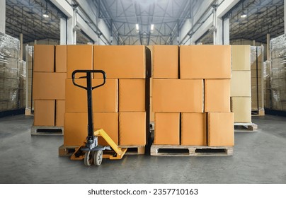 Package Boxes Stacked on Wooden Pallets in Warehouse. Cardboard Boxes, Parcels, Warehouse Shipping, Distribution Storehouse, Shipment Boxes, Supply Chain, Cargo Supplies Warehouse Shipping. - Powered by Shutterstock