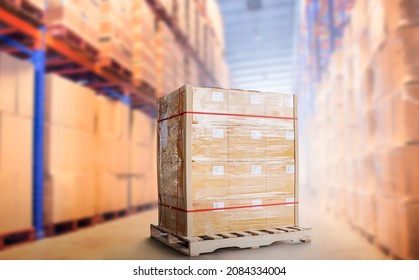 Package Boxes Wrapped Plastic Flim on Pallets in Storage Warehouse. Supply Chain. Storehouse Commerce Cargo Shipment. Shipping Warehouse Logistics.	
