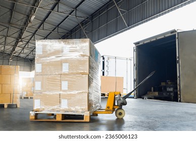 Package Boxes Wrapped Plastic on Pallets Loading into Cargo Container. Supplies Shipment, Supply Chain, Merchandise, Distribution Warehouse Shipping. Freight Truck Logistic, Cargo Transport.